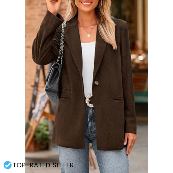 Corduroy Blazer Ribbed Texture Lapel Jacket Chic Work Casual Outerwear - Picture 3 of 7